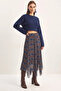 Women's Plaid Patterned Crinkle Effect Lined Midi Chiffon Navy Blue Skirt - 8