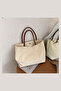 Women's Ecru Canvas Shoulder Bag Large Volume Brown Handle Daily Tote Bag - 4