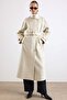 Oversized Coat with High Collar and Patch Detail Beige Melange 3177