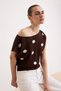 Brown Polka Dot Summer Special Yarn Boat Neck Waist Fitted Knitwear Blouse Twoss26Bz00313 - 4