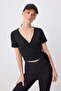 Siyah Micro Bağlamalı Kruvaze Crop Örme Spor Bluz/Bolero THMSS26BZ00009