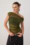 Khaki Plain Asymmetric Collar Long Knitted Tulle Party Blouse Tpraw26Bz00007
