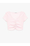Bürümcük Fabric Lace Slim Fit V-Neck Gathered Waist Accent Crop T-Shirt - 3