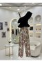 Girl's One Shoulder Black Blouse Patterned Trousers 2-Piece Set - 3