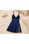 Navy Blue Satin Lace Detailed Slit Detailed Unlined Women's Nightgown - 4