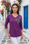 Women's Purple Plus Size V-Neck Lycra Bodysuit with Stone Printed Birds on the Chest - 2