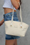 Women's Cream Canvas Shoulder Bag with Zipper for Daily Use Medium Size Tote Bag - 3