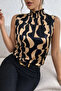 Women's Sleeveless Turtleneck Patterned Single Jersey Blouse - 6