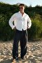 Men's Boxy Fit Letter Printed Striped Tencel Shirt White - 6
