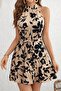 Women's Off the Shoulders High Neck Belted Patterned Short Single Jersey Dress