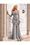 Gray Off-The-Shoulder Long Evening Dress Flowres Fabric 583405 - 6