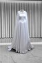 Strapless Pearl Detailed Cape Sleeve Chiffon Evening Dress Long Flared Wedding Party Dress - 7