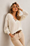 Women's White V-Neck Openwork Long Sleeve Knitwear Blouse - 5