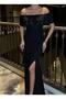 Glitter Off Shoulder Ruffle Slit Detail Evening Dress Black 583175 - 2