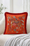 Red Fringed Throw Pillow Cover with Patchwork Floral Motif and Horse Figure - Bohemian Decorative Pillowcase