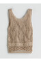 Beige V-Neck Openwork Women's Knitwear Sweater - 6