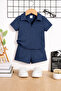Baby Kids Cotton Waffle V-Neck Summer 2-Piece T-Shirt and Shorts Set - Navy Blue
