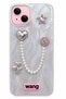 iPhone 13 / 14 Stone Case with Pearl Necklace Detail, Marbling Effect, 3D Heart and Motif Charm Cover