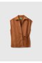 Women's tan cotton linen blend tie-detail shawl collar shirt