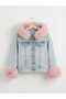 Girl's Hooded Blue Denim Jacket with Fur Detail on Sleeves - 5
