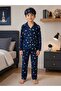 Boys' Cotton Suede Fabric Navy Blue Space Planets Patterned Shirt Collar Buttoned Winter Pajama Set with Sleep Band