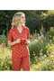 Red Color White Heart Pattern Short Sleeve Shirt Collar Buttoned Seasonal Thin Fabric Women's Pajama Set - 2