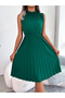 Green Ruffle Neck Pleated Knee Length Dress - 4