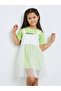 Girls Text Print Round Neck T-Shirt and Solid Mesh Cami Dress Set - 3