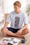 Men's Blue Patterned Crew Neck Buttonless Cotton Summer Short Sleeve Pocket Shorts Pajama Set