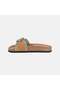 Women's Tan Buckle Blue Knitted Detailed Suede Slippers - 4