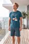Men's Petrol Green Patterned Crew Neck Buttonless Cotton Summer Short Sleeve Pocket Shorts Pajama Set - 7