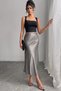 Women's Skirt Dark Gray Satin Skirt with Elastic Waist and Zipper Midi Length Shiny Quality Satin Fabric - 2