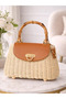 Earth Tone Straw Texture Exotic Bamboo Handle Natural Knitted Vegan Leather Flap Cover Hand Shoulder Bag - 9