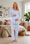 New Season Women's Blue Lace Buttoned Special Design 100% Cotton Maternity Pajama Set - 6