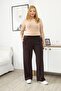 Plus Size Modal Fabric Brown Trousers with Piping at the Waist - 4