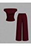 Burgundy Side Gathered Off-Shoulder Loose Pants Top and Bottom Set