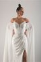 Beaded Embroidered Slit Evening Dress with Cape Sleeves, Wedding, Engagement Dress - 3