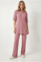 Women's Dusty Rose Ribbed Short Sleeve Top and Bottom Set Tkm-19000498 - 2