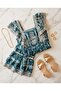 Sea Blue Patterned Ruffled Maxi Dress with Silver Stripe Detail - 2