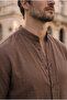 Hakim Collar Muslin Fabric Short Sleeve Shirt - Brown - 2