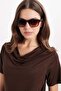Women's Oversize Relaxed Fit Asymmetric Collar Short Sleeve Brown Viscose Blouse - 3