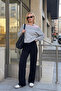 Women's Ribbed Elastic Wide Leg Palazzo Black Sweatpants