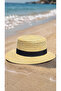 Women's Natural Straw Textured Black Tape Detailed Fedora Beach Hat Summer Hat - 3
