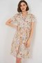 Women's Shirt Collar Waist Gathered Short Sleeve Buttoned Floral Patterned Viscose Cream Dress