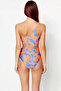 Women's Swimsuit One Shoulder Cut Out Detailed Underwireless Sleeveless Regular Fit Tropical Patterned Knitted Raschel Fabric - 5