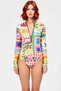 Women's Swimsuit Surfing Floral Pattern Zipper High Neck Long Sleeve Without Underwire Hipster Cut Knitted Raschel - 3