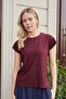 Women's Silky Fabric Wide Zero Neck Short Sleeve Tshirt Blouse-Burgundy - 2