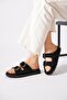 Urena Stone Double Buckle Genuine Leather Women's Slippers Black - 3