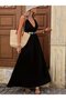 Women's Strappy Double-Breasted Collared Long Viscose Dress with Ethnic Pattern at the Waist - 4