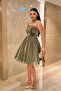 Stoned Tulle Fabric Mini Dress with Drawstring Detail - Khaki Green - 2